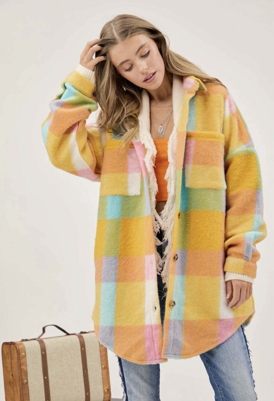 Davi & Dani Women’s Plaid Button Shacket Pockets Relaxed Multi Colored Sz Sm